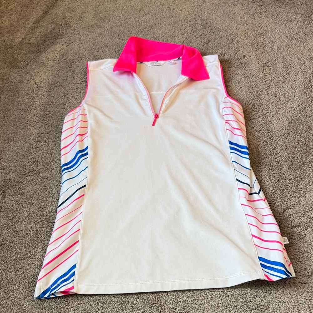 Lady Hagen Sleeveless Golf Polo Top Size XS White Hot Pink Quarter Zip Stripe